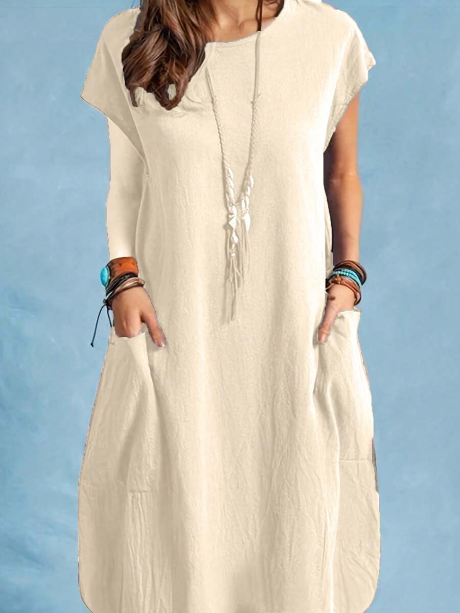 EMERY ROSE 女式休闲纯色双口袋夏季连衣裙 - 杏色 - 查看 1