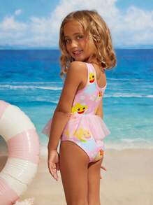 BABY SHARK X SHEIN Young Girl Cartoon Shark Print Mesh Splice One-Piece Swimsuit