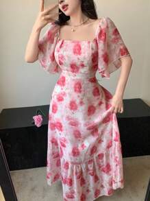 Modelyn Chiffon Batik Muster Quadratischer Ausschnitt A-Linie Kleid - Verschiedenfarbig - Übersicht 3