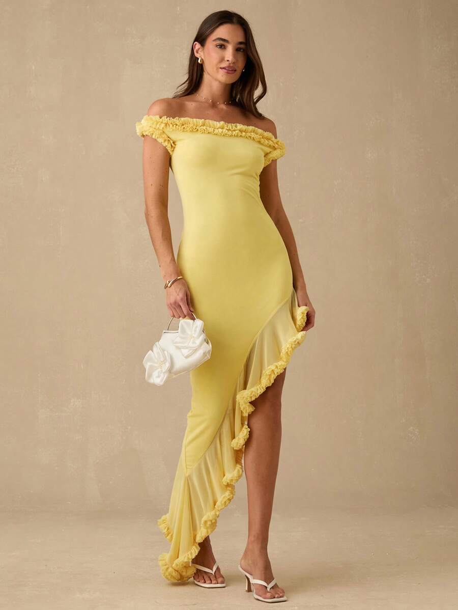 Enchnt Frühlings-/Sommer-Romantik Damen Sonnengelb Rüschen Dekor Off-Shoulder asymmetrisches Saum elastisches schlankes Maxikleid, süß & elegant für Urlaub & Date & Feiertag & Party & Abschluss & Hochzeitsgast & Strand, Abendkleid, Sommerkleider für Damen, Sommerkleider für Damen, Sommerkleidung, elegante Kleider für Partys