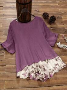 Lacomfia 女士休闲拼布短袖宽松衬衫