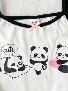 2 件套青少年女孩可爱熊猫图案印花背心和短裤睡衣套装，睡衣 - 彩色 - 查看 6