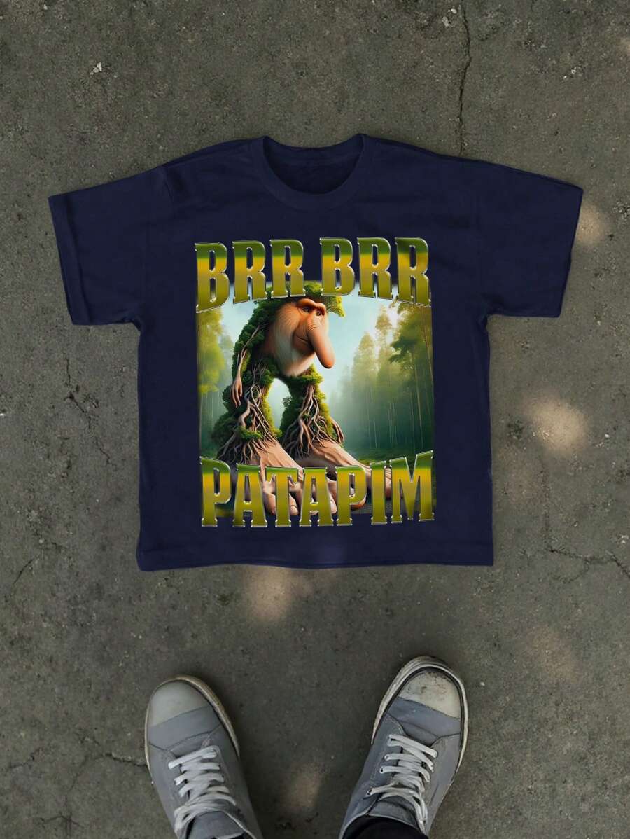 Brr Brr Patamin Italy Brainrot Unisex T-Shirt, Italy Brainrot Shirt, Brainrot Retro Bootleg T-Shirt, Unhinged Weird Tee Casual American Simple Men's Round Neck Short Sleeve T-Shirt With English Slogan Print, For Birthday - Navy Blue - View 1