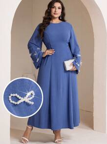 Veilorie 大码女式蝴蝶结装饰圆领喇叭袖优雅连衣裙 - 藍色 - 查看 2