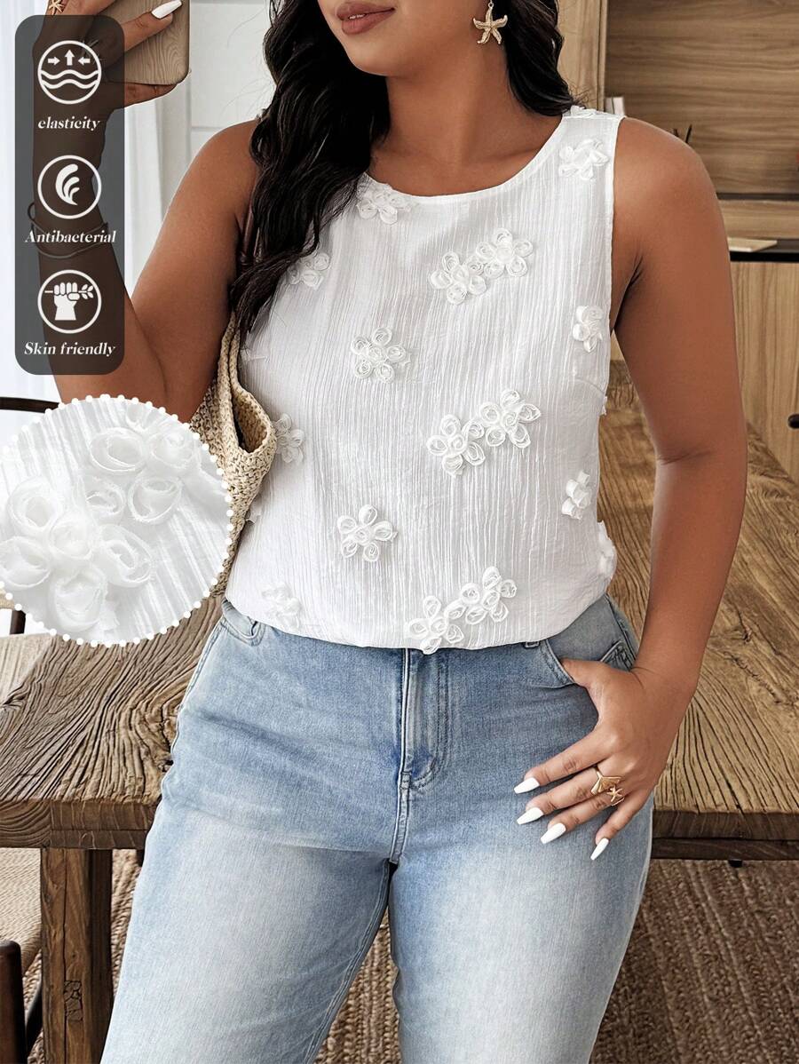 SHEIN Clasi Plus Size Women 3D Floral Decor Sleeveless Round Neck Fashion Blouse - White - View 1