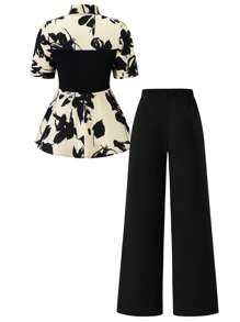 SHEIN Clasi Plus Size Women 2PCS Set Floral Print Short Sleeve Blouse And Pants, Casual - Multicolor - View 2