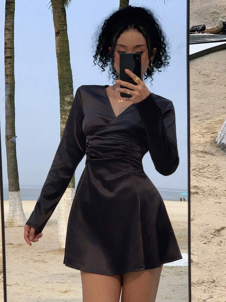 Women's V-Neck Short Waisted Long Sleeve A-Line Dress,Fall Dress