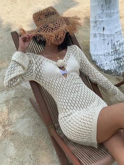 DAZY 女士碎花露背镂空喇叭袖毛衣连衣裙 Y2k，沙滩度假装