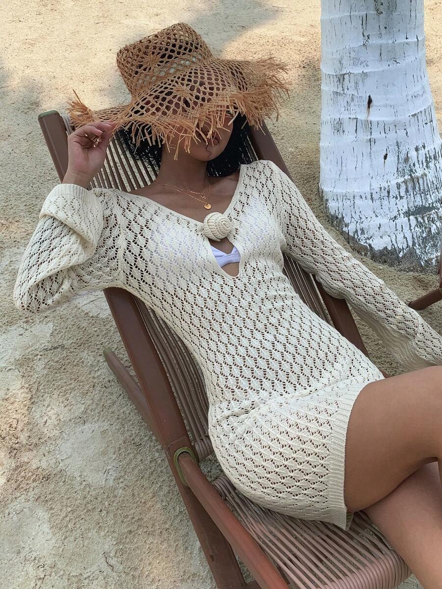 DAZY 女士碎花露背镂空喇叭袖毛衣连衣裙 Y2k，沙滩度假装 - 杏色 - 查看 1
