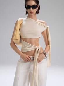 LYSMO 女士单肩双结花卉粉色上衣 - 2025 年春夏新品 - 杏色 - 查看 1