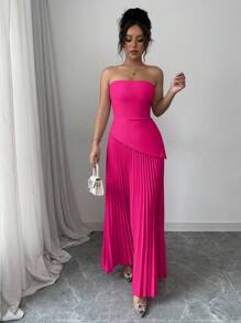 Elenzga 女士纯色抹胸褶腰优雅度假和办公室无袖连衣裙 - 玫紅色 - 查看 6