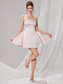 Poshira Vestido elegante para mujer con decoración de cristal para banquete sin tirantes, vestido casual de mujer para cumpleaños, vestido corto de verano para mujer, vestido de mujer para el trabajo de verano, vestido de fiesta, boda y graduación para mujer, de tela fina y suave, con lazo, cuentas y decoración de diamantes - Rosa Pálido - Ver 2