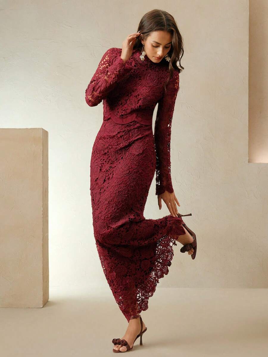 Anewsta 女士优雅法式玫瑰图案缎面拼接蕾丝高端连衣裙