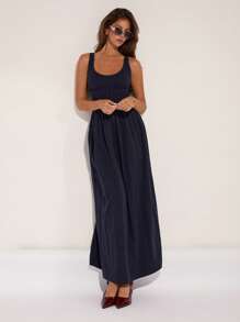 COSMINA Vestido de tirantes finos de unicolor extra largo, de moda para el verano - Azul Marino - Ver 4