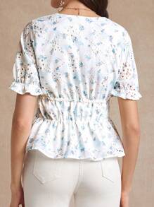 Amorya V-Neck Three-Dimensional Embroidered Printed Waist Cinching Strap With Bowknot Women's Blouse - Multicolor - View 2