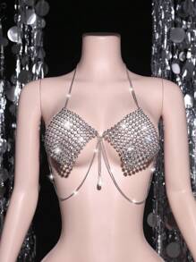 SHEIN Top con espalda descubierta y adornos de strass - Plateado - Ver 7