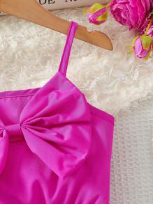 Young Girls 2pcs Set - Solid Bow Camisole Top And Digital Print A-Line Skirt With Elastic Waist, Suitable For Beach, Party, Vacation In Summer
