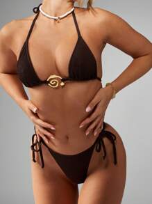 MISSGUIDED Crinkle Textured Triangle Bikini Set With Gold Spiral Center Detail Beach Swimming Pool Summer Two Piece Swimsuit High Cut Brazilian Bottom - Brown - View 1