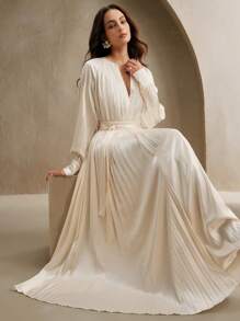 Anewsta Elaire Women's Elegant Crew Neck Ruched Waist Lantern Sleeve Dress With Tiered Ruffle Hem Design, Vintage Style - Apricot - View 1