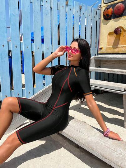 Swim SPRTY 1 件对比色缝线防晒衣，适合度假和海滩穿着