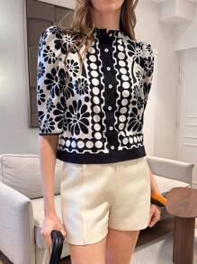 Pariaura 花卉印花蕾丝下摆圆领休闲衬衫 - 黑與白 - 查看 5