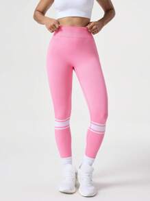 SHEIN Sports Women's High Waist Striped Casual Fitness Sports Leggings - Hot Pink - View 5