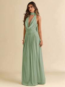 SHEIN BAE Women's Solid Color Mesh Plunging Neck Backless Flowy Maxi Vacation Dress, Sexy & See-Through,Bodycon Dress,Valentine's Day,Valentine Outfits For Women - Mint Green - View 3