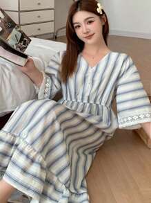 Dazy Plus Plus Size V-Neck Striped Flare Sleeve Long Nightgown Pajama - White - View 1