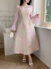 DAZY Fall New Elegant Plant Printed Ruffle Hem Midi Dress For Women Long Sleeve Dress Floral Dresses For Women - Pink - View 6