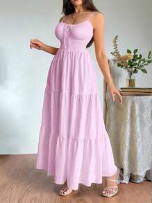 Firerie 女士黄色系带褶皱抽绳腰部 A 字连衣裙，适合通勤、优雅、性感、度假、海滩、夏威夷、浪漫、约会、情人节、音乐会、婚礼季节 - 紫丁香色 - 查看 4