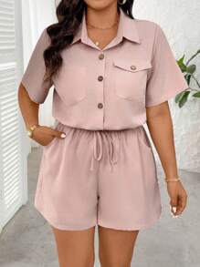 SHEIN LUNE Plus Size Solid Color Short Sleeve Jumpsuit, Casual Summer - Dusty Pink - View 4