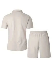 Manfinity Homme Men's Solid Color Short Sleeve Single-Breasted Pocket Shirt And Shorts Set, Summer - Beige - View 2