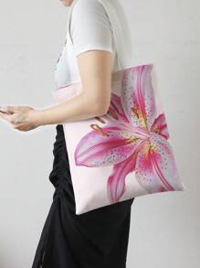 ROMWE Kawaii Versatile Commuter & Travel Canvas Tote Bag With Double-Sided Large Flower Pattern, Pink , Beach - Multicolor - View 2