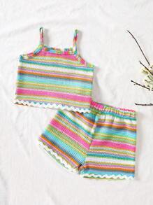 Set de 2 piezas de top corto de tirantes de punto con estampado de arcoíris y pantalones acampanados de cintura elástica para bebés niñas, adecuado para 6M-3T, para ir a la escuela, casual, calle, vacaciones, deportes, bebé niña, jersey, pantalones cortos - Multicolor - Ver 3
