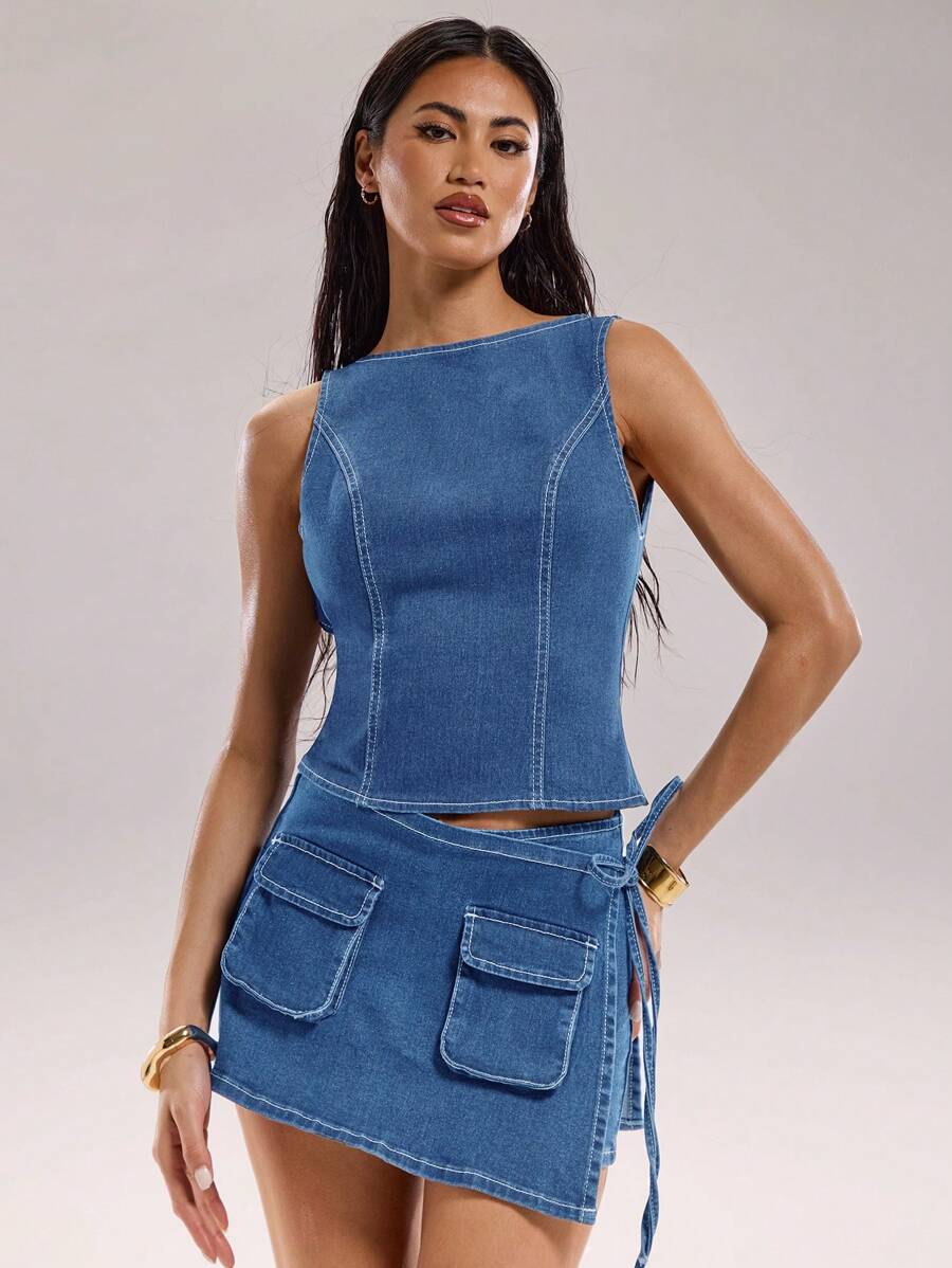 SHEIN BAE Women's Sleeveless Backless Denim Crop Top With Topstitching