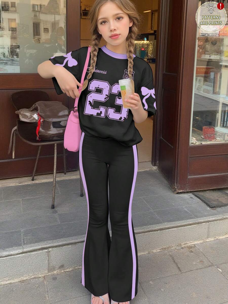 SHEIN Conjunto de 2 piezas de niña preadolescente de top de manga corta y pantalones minimalista casual, adecuado para el verano