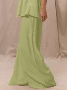 MUSERA Low Rise Elasticated Waistband Wide Leg Trousers Only Summer Vacation Holiday Elegant Beachwear Boho Romantic Ibiza Linen Feel - Lime Green - View 3