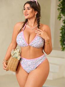 Swim Mod Plus Size Women's Sexy Printed High Waist Halter Neck 2 Pieces Bikini Set Set For Beach & Pool