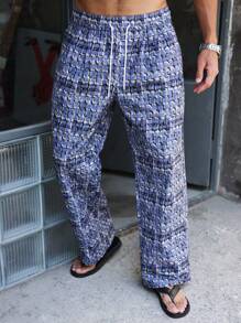 Manfinity Homme Pantalon décontracté ample à jambes droites avec taille à cordon pour hommes, à carreaux, gris-bleu, bleu clair, automne, streetwear, polyvalent pour escapade urbaine, vacances et rave - Bleu gris - Voir 3