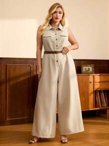 Vintamour Plus Size Women Button Front Sleeveless Pocket Jumpsuit - Khaki - View 3