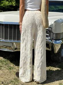 SHEIN EZwear Quần ống đứng rộng rãi họa tiết hoa lưng thun cho nữ - Màu be - Xem 2