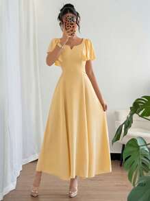 Selianne 优雅休闲紧身连衣裙，法式船领，短袖，奶油黄色，适合工作穿着，春夏季 - 黃色 - 查看 3