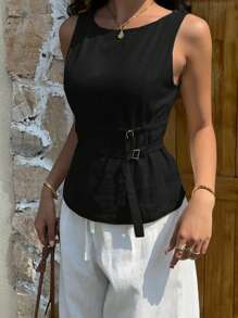 SHEIN EZwear 女式黑色梭织无袖背心，夏季 - 黑色 - 查看 4