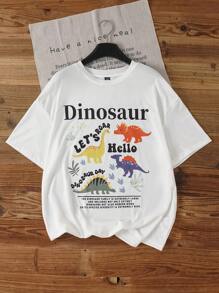 Attitoon Áo phông thường ngày cỡ lớn có họa tiết khủng long hoạt hình đơn giản, áo phông cổ tròn tay ngắn siêu rộng, phù hợp cho mùa hè Khủng long LET'S ROAR Xin chào NGÀY KHỦNG LONG - trắng - Xem 6