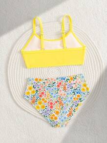 Girls Random Combination Of Minimalist Black Swimsuit Top And Refreshing Coconut Tree Print Pattern Bikini Bottom, 2 Pieces Swimsuit Set - Yellow - View 2