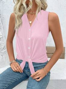 SHEIN LUNE Women's Summer Solid Color Button Design Tie Hem Camisole
