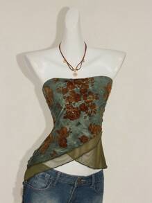 SHEIN ICON 波西米亚风格植绒面料网眼面板不对称下摆紧身胸衣上衣