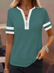 SHEIN LUNE 拉链半开襟条纹短袖T恤图案T恤女式上衣