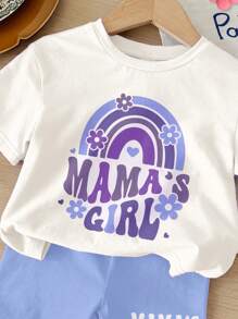 SHEIN 2 件年轻女孩休闲简约短袖上衣和短裤套装，适合夏季 - 彩色 - 查看 4