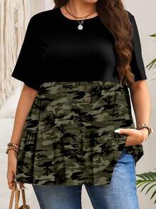 EMERY ROSE 大码假日休闲短袖黑色拼接迷彩束腰女式T恤，简约设计，适合春夏季节度假穿着 - 彩色 - 查看 1